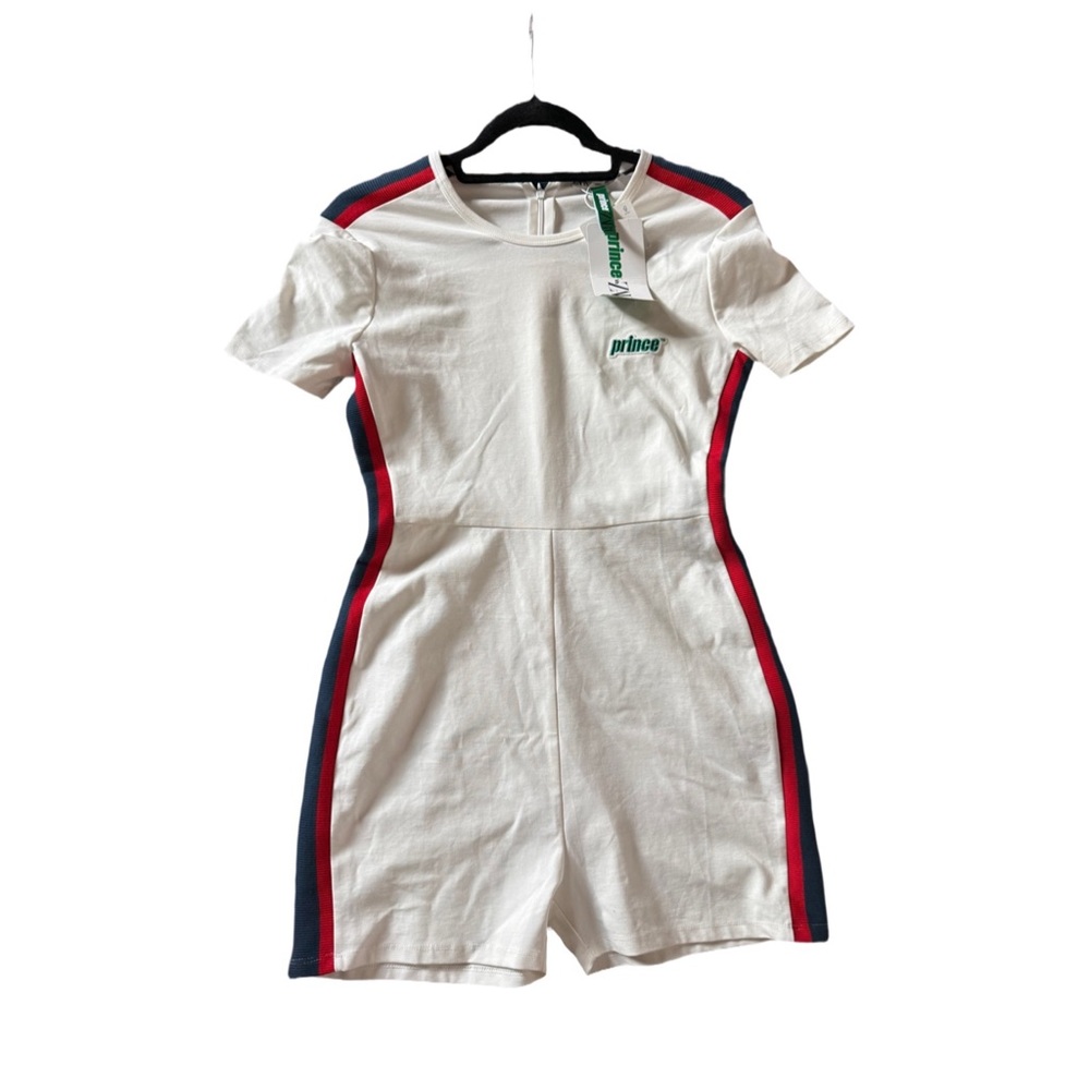 Zara Prince pickleball White athletic wear with Red and Blue Stripes